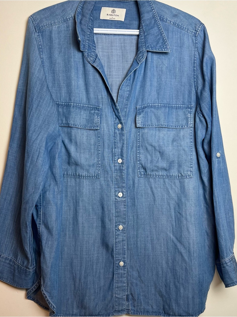 Babaton Washed Denim Button-Front Shirt in Light Blue